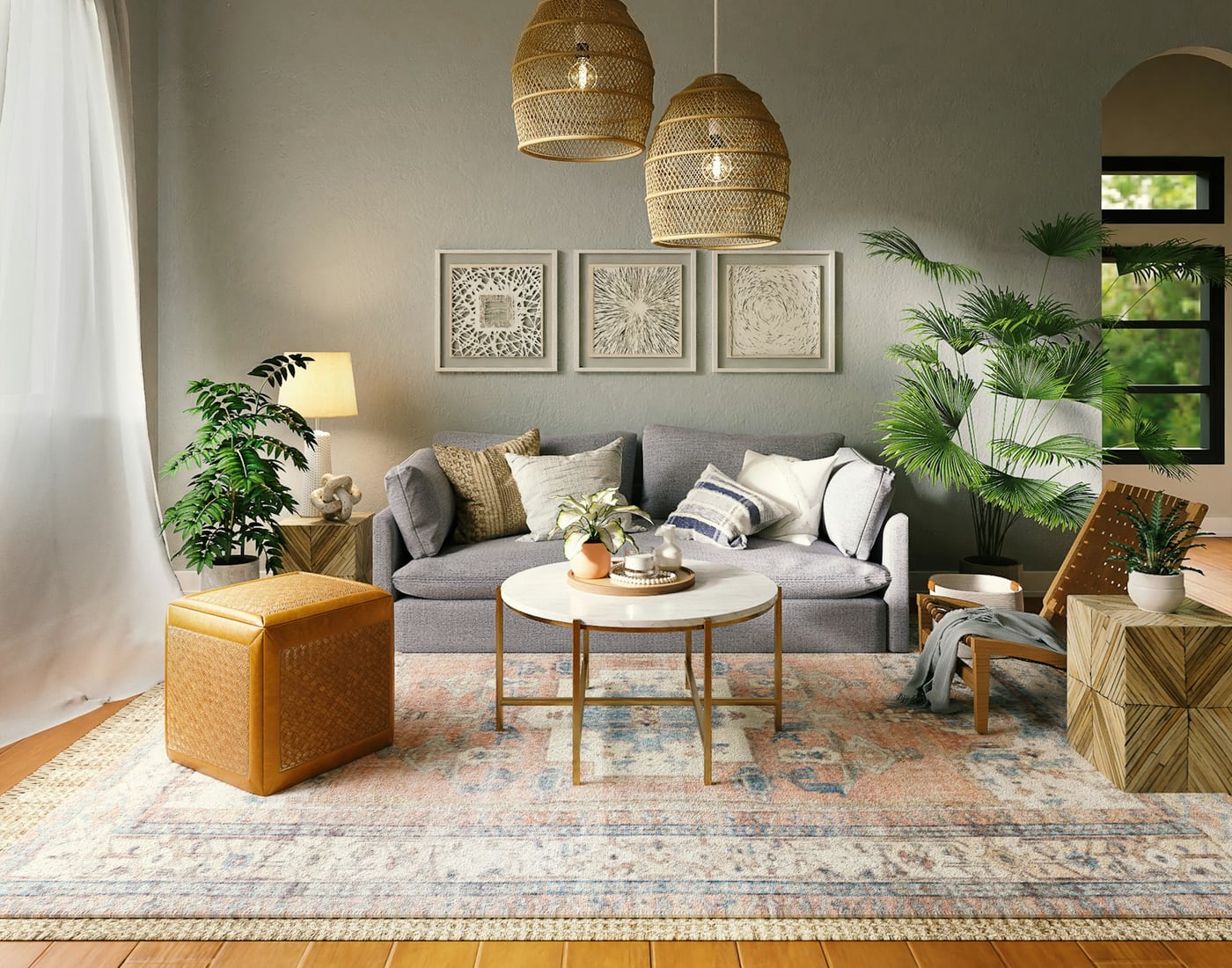 A warm living room styled with woven lighting, natural textures and plants